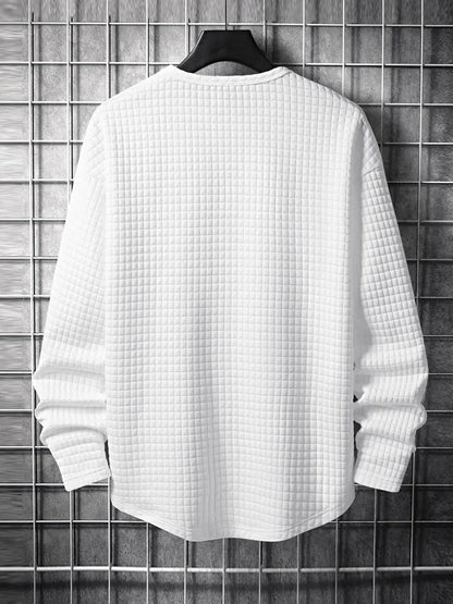 maoxiangshop Men's Long Sleeves T-shirt Minimalist Checkered Jacquard Textured Round Neck Tees Solid Streetwear Loose Tops Z5104682
