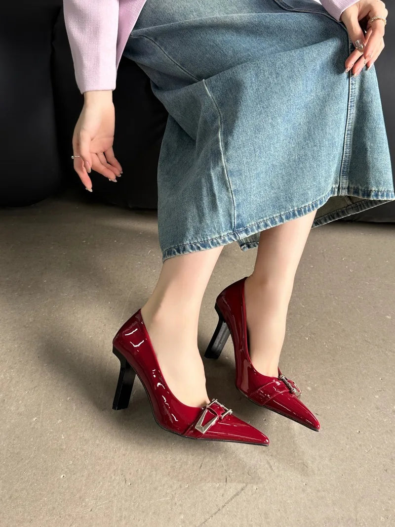 maoxiangshop  -  Patent Leather Sexy High Heels Women Metal Buckle Pointed Designer Pumps Female 2024 Fall Fashions Elegant Office Women Shoes