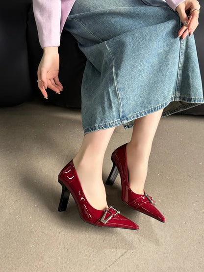 maoxiangshop  -  Patent Leather Sexy High Heels Women Metal Buckle Pointed Designer Pumps Female 2024 Fall Fashions Elegant Office Women Shoes
