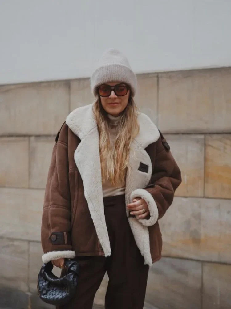 maoxiangshop  -  Winter Thick Faux Leather Spliced Jacket Women Casual Loose Long Sleeve Single Breasted Lapel Coat Winter Warm Street Streetwear
