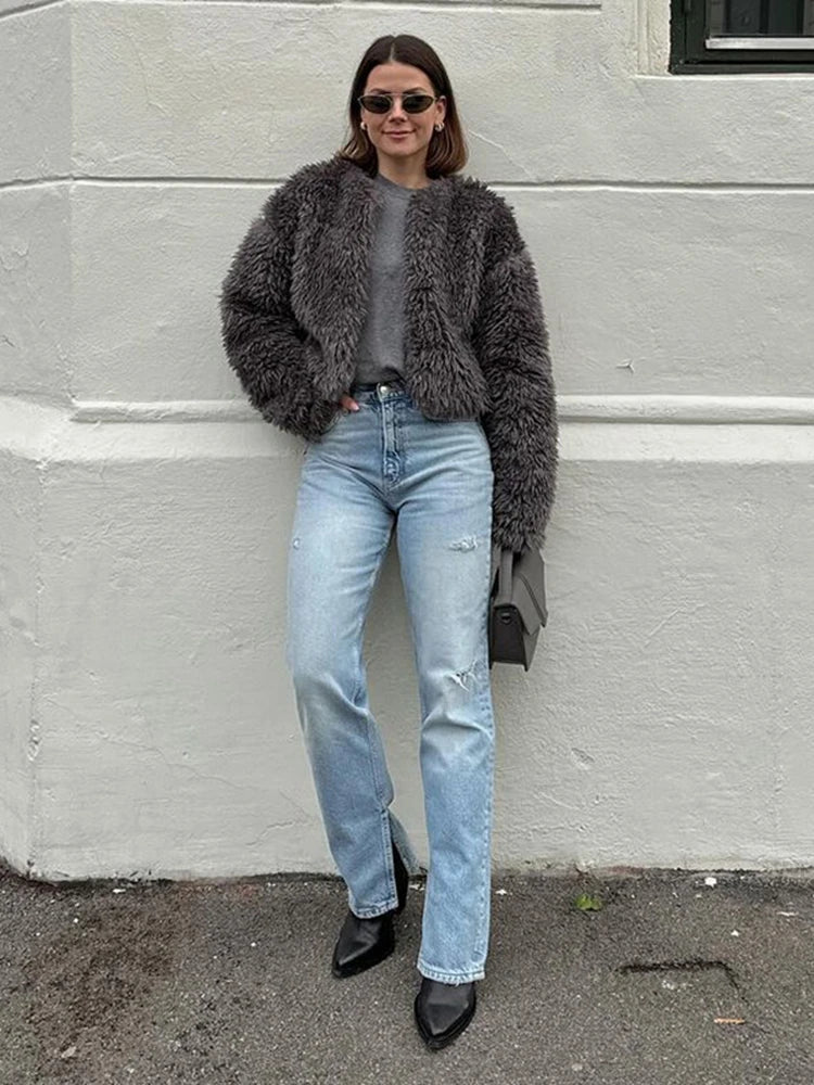maoxiangshop -  Winter Loose Artificial Fur Jacket Women Fashion O Neck Long Sleeve Plush Warm Coat Autumn Chic Office Lady Thick Gary Outerwear