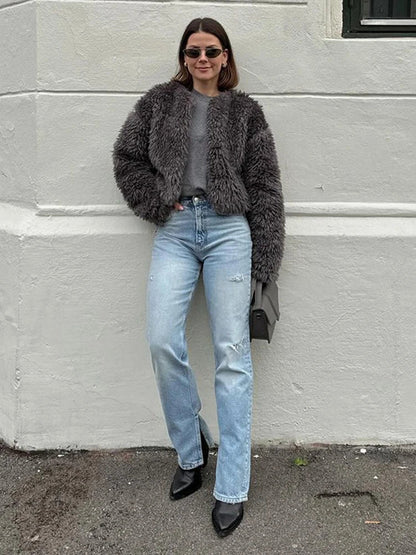 maoxiangshop -  Winter Loose Artificial Fur Jacket Women Fashion O Neck Long Sleeve Plush Warm Coat Autumn Chic Office Lady Thick Gary Outerwear
