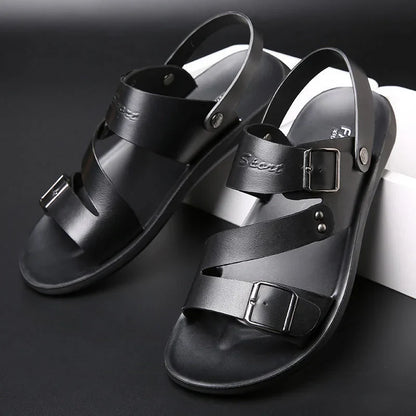maoxiangshop Comfortable Men's Sandals Solid Color Open Toe Mens Leather Sandals New Slippers Beach for Male Leather Footwear
