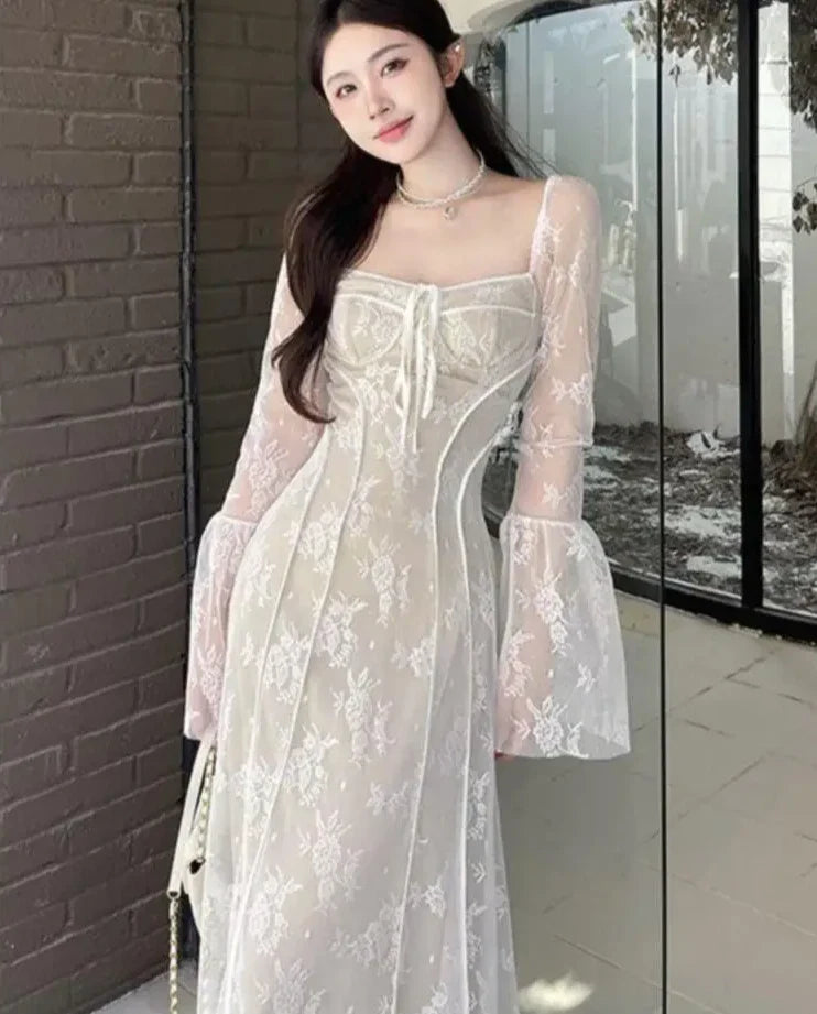 France Elegant Lace Dresses Women's Long Sleeve Lace Up Evening Party Club Vestido Spring Summer Vintage Robe Mujer