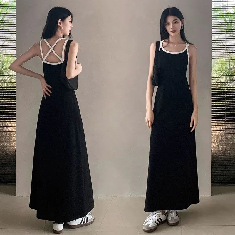 Korean Style Long One Piece Dress Women Harajuku Summer Resort Dresses Gyaru Backless Sleeveless Black Casual Vestidos