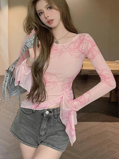 maoxiangshop Pink Tie Dye Mesh Tops Women Summer Long Sleeve See Through Slim Sunscreen T Shirt Grunge Aesthetic Hot Girl Skinny Y2k Clothes