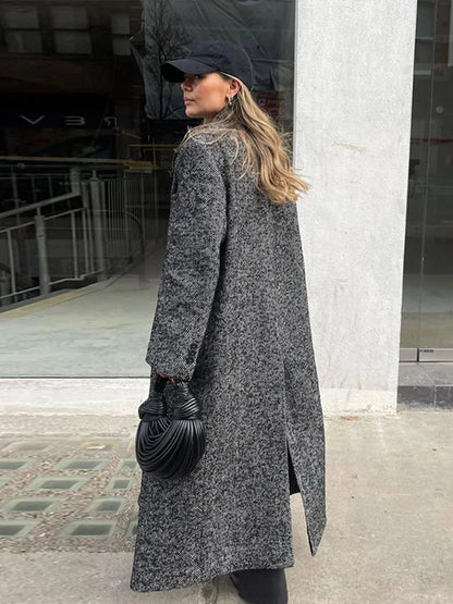 maoxiangshop  -  Elegant Gray Long Coat Women Woolen Double Breasted Turn-down Collar Oversize Thick Outwear 2024 Autumn Chic Casual Overcoat