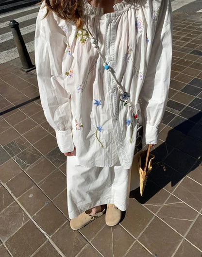 maoxiangshop  -  Chic Cute Floral Embroidery Blouse Women+Long Skirts Set Cotton Ruffle O-neck Blouse Woman Suit Loose Skirts Vacation Outfit