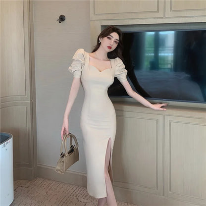 French Style Over Knee Long Dress Women's Temperament Slim Fit High Split Sexy Dress Summer High Waisted Bubble Sleeve Vestidos