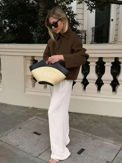 maoxiangshop  -  Elegant Women Solid Single Breasted Short Coat Chic Lapel Long Sleeves Pocket Cropped Overcoats Autumn Lady Commuting Outwear
