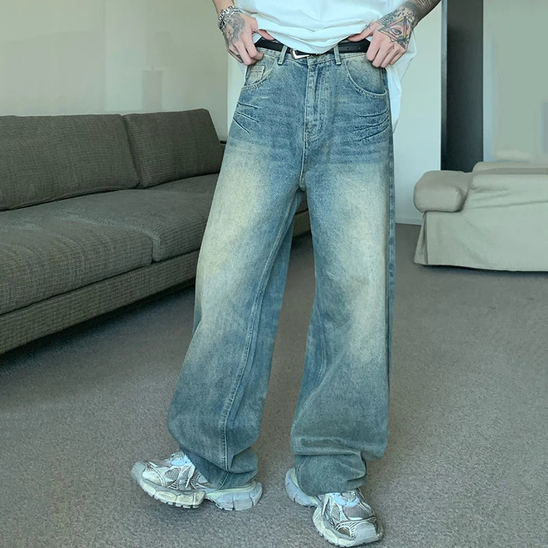 maoxiangshop Korean Style Vintage Men's Denim Pants Fashion Washed Distressed Straight Gradient Jeans Summer Loose Slim Wide Leg