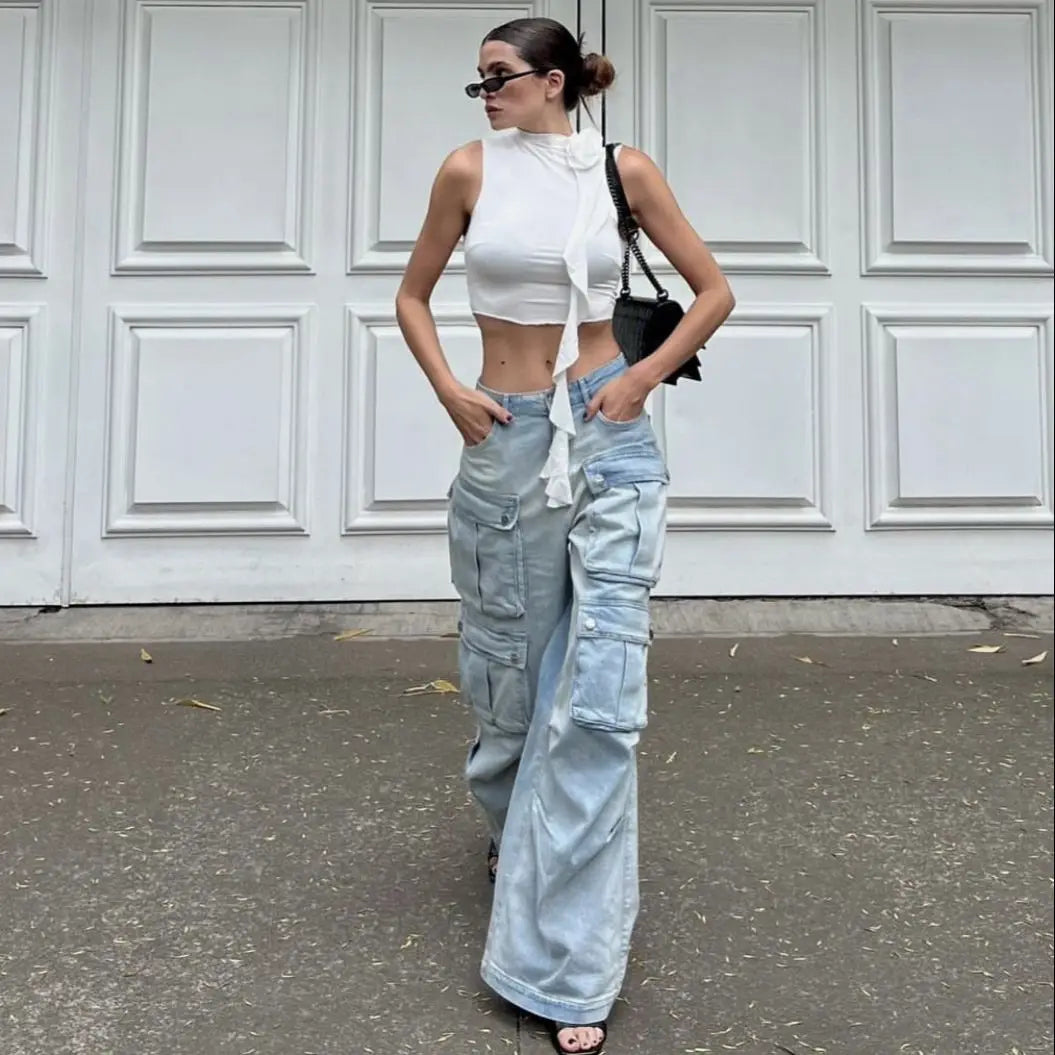 maoxiangshop -  Women Spring Fall Muti Pocket Cargo Wide Leg Denim Jeans Pants Trousers