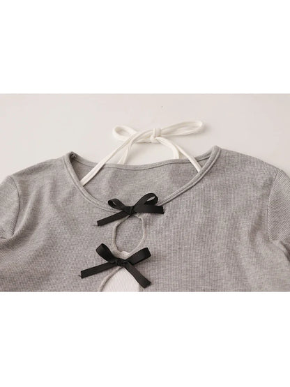 Womnen Korean Fashion Long Sleeve Hollow Out Crop Top Gyaru Fake Two Pieces T-Shirts Grunge Coquette Girl Lace Up Tees 2000s Y2k