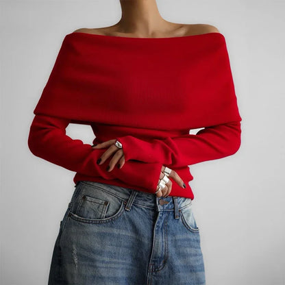 maoxiangshop  -  Women's Sweater Pullovers Long Sleeve Knitted One-Shoulder Sexy Slim Top Solid Color Autumn Winter 2024 Fashion Casual