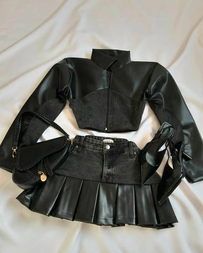 maoxiangshop  -  Y2K Harajuku Gothic Leather Jacket Casual Skirts Gothic Fashion Leather Patchwork Two Piece Clothing gothic Women Hot Sweetheart