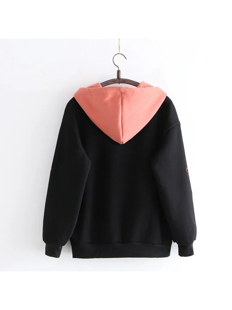 maoxiangshop Women Hoodies Fleece Thick Cute Fox Embroidery Winter Autumn  Pullovers Jumpers Japanese Hooded