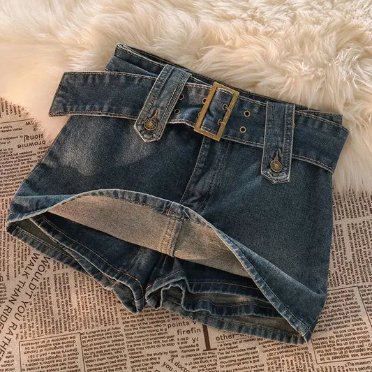 Vintage Denim Mini Skirts Women Summer Sexy Solid Belt Jeans Skirts Female Casual Ball Gown Korean Slim A Line Skirts