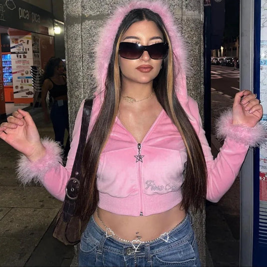maoxiangshopFaux Fur Hooded Jackets Women Pink Star Zippers Sweatshirts Y2k Streetwear Fashion Diamond Patchwork Fur Jacket New Crop Tops