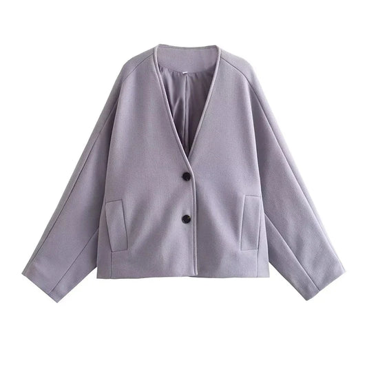 maoxiangshop  -  Grey Jackets for Women V-Neck Casual Coat Autumn 2024 New Fashion Single Breasted Long Sleeve Female Jacket Outwear