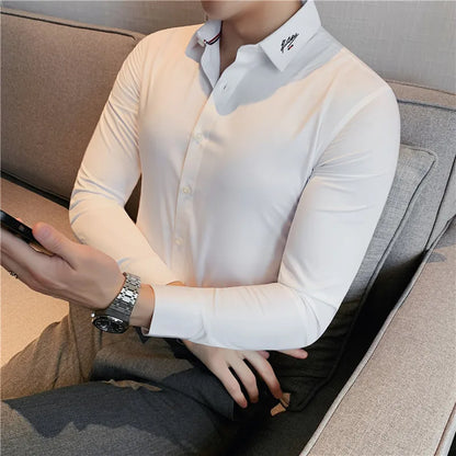 maoxiangshop British Style Men Long Sleeved Shirt Autumn Anti-wrinkle Soft Solid Casual Elastic Slim Fit Camisas Y Blusas Men Clothing
