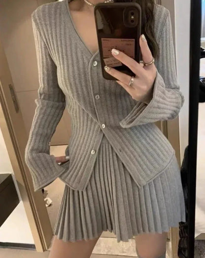 maoxiangshop Korean Elegant Pleated Skirt 2 Piece Set Slim Button Knitted Cardigan High Waist Mini Skirt Outfits Women Autumn OL Suit Clothes