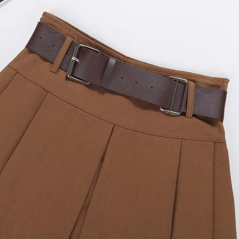 maoxiangshop Brown Belted Mini Skirt Low Waisted Pleated Skirt with Belt Women Academia Aesthetic Vintage Outfit