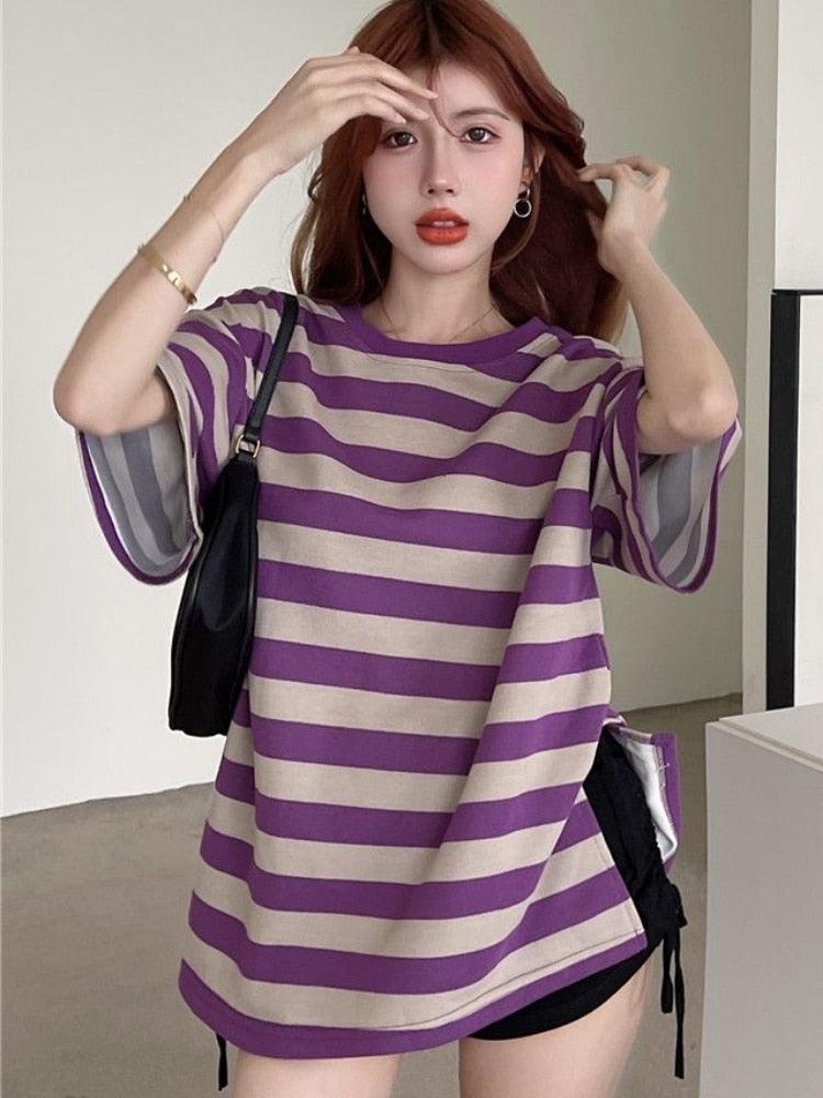 maoxiangshop Striped T-shirts Women Slit M-4XL Streetwear Loose Summer Simple Short Sleeve All-match Students Ulzzang Fashion Casual Ins BF