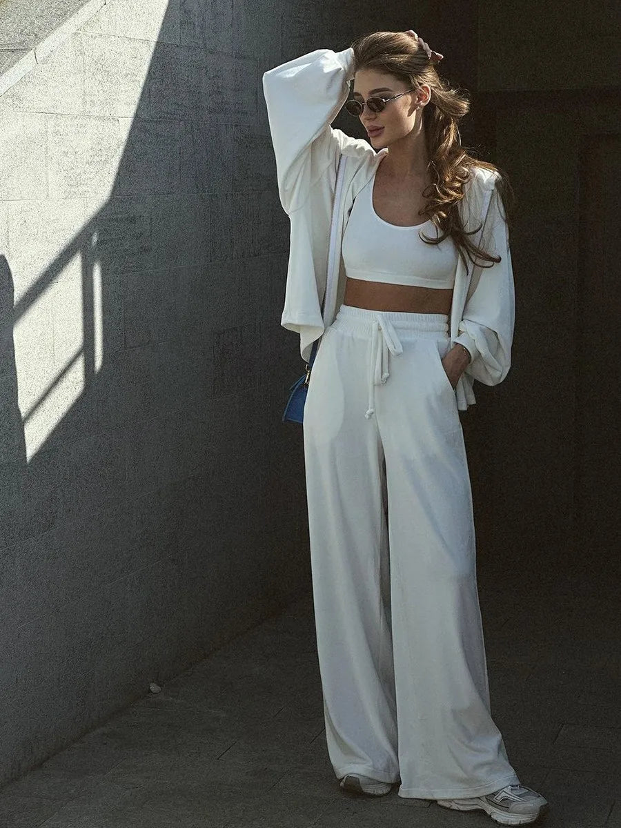 maoxiangshop Casual 3 Piece Sets Women Zipper Hooded Jacket+vest+drawstring Wide Leg Pants Sets Autumn Winter New Street Fashion Sport Suits