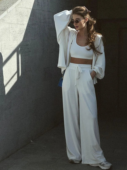 maoxiangshop Casual 3 Piece Sets Women Zipper Hooded Jacket+vest+drawstring Wide Leg Pants Sets Autumn Winter New Street Fashion Sport Suits