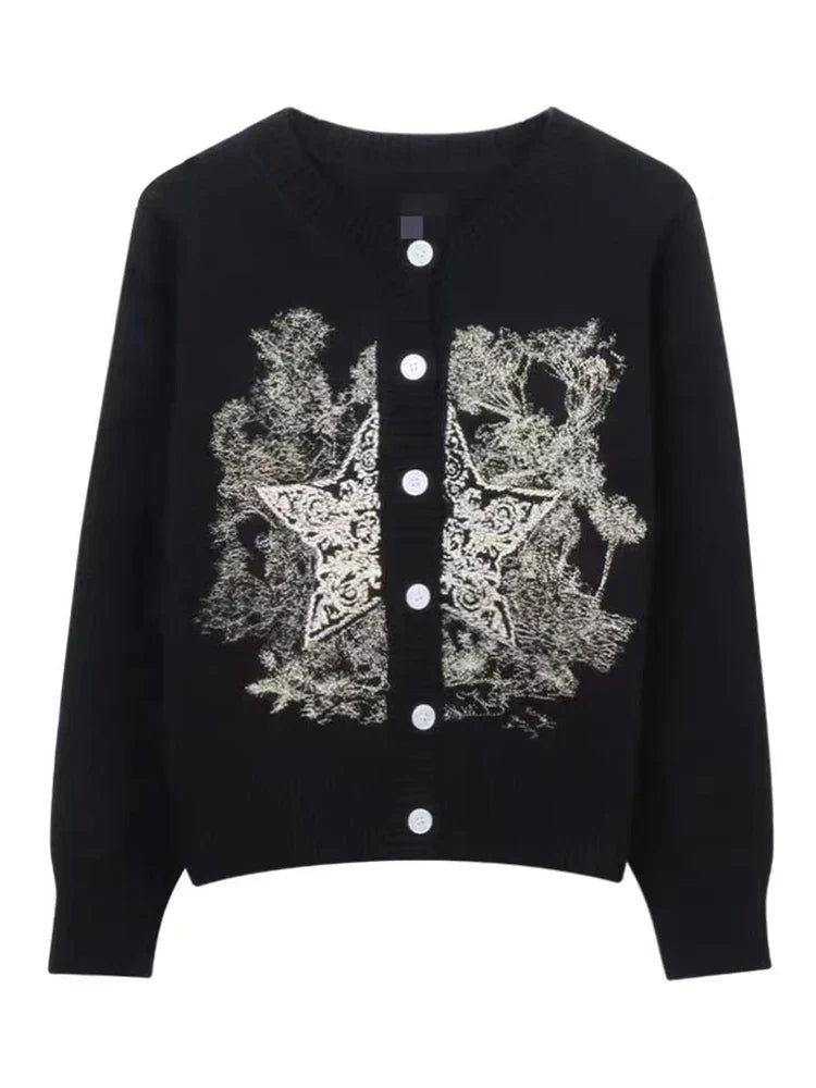 Autumn Winter Woman Old Money Vintage Harajuku Fashion Embroidery Cardigan O-Neck Single-breasted Sweater Long Sleeve Aesthetic