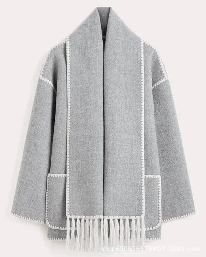 maoxiangshop  -  Fashion Loose Women Coat With Scarf Long Sleeve Pocket Single Breasted Female Coat 2024 Autumn Winter Fashion Lady Street Jacket