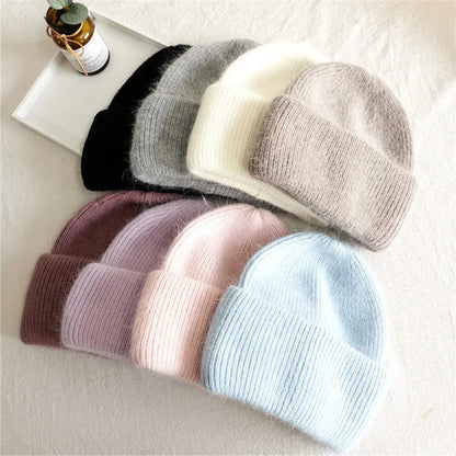 maoxiangshop Winter Hat Real Rabbit Fur Winter Hats For Women Fashion Warm Beanie Hats Women Solid Adult Cover Head Cap