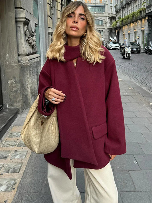 maoxiangshop  -  Elegant Woolen Coats With Scarf Collar Women Casual Loose Single Breasted Jackets Female Autumn Chic High Street Outwear Tops ﻿