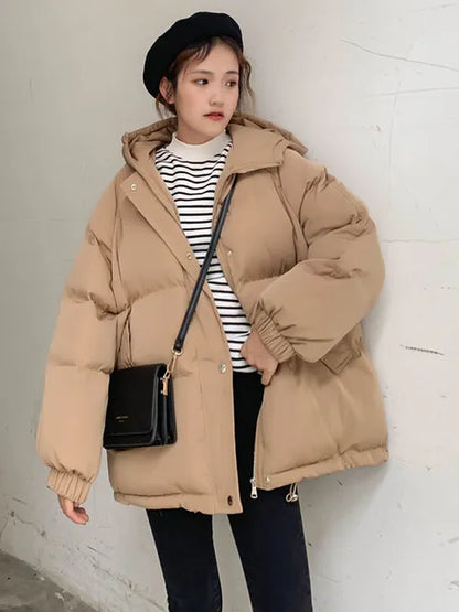 maoxiangshop Women Short Jacket Winter Thick Hooded Cotton Padded Coats Female Korean Loose Puffer Parkas Ladies Oversize Outwear