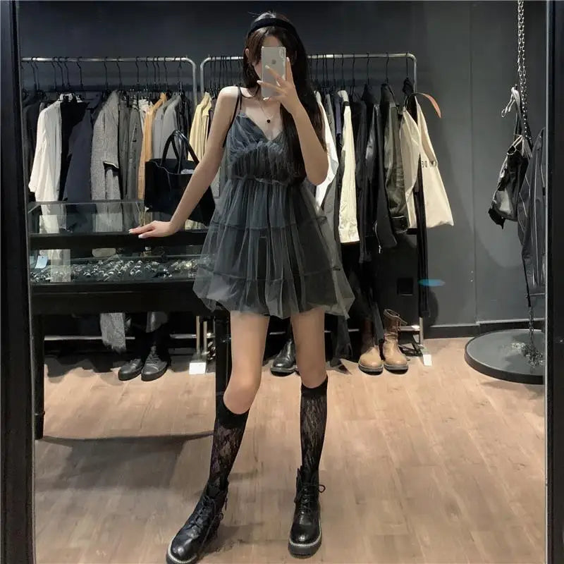 maoxiangshop Sexy Gothic Woman Dresses Mini V-neck Black Short Sleeveless Dress Mesh Hotsweet Vintage One-piece Party Dress Summer