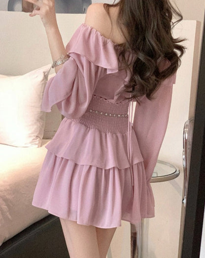 maoxiangshop Two Piece Sets Womens Outifits  New Fashion Casual Long Sleeve Chiffon Tops Chic Solid High Waisted Mini Skirt Sets