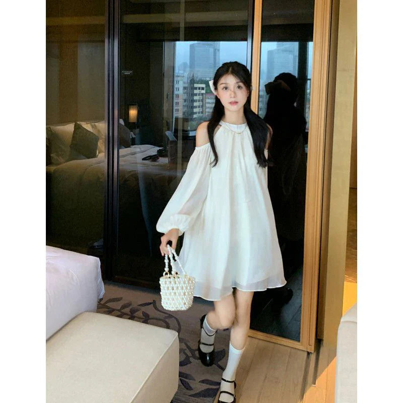 Sweet Elegant Dress Women Halter Off Shoulder Lantern Long Sleeve A Line Mini Dresses Korean Bandage Loose Chic Vestidos