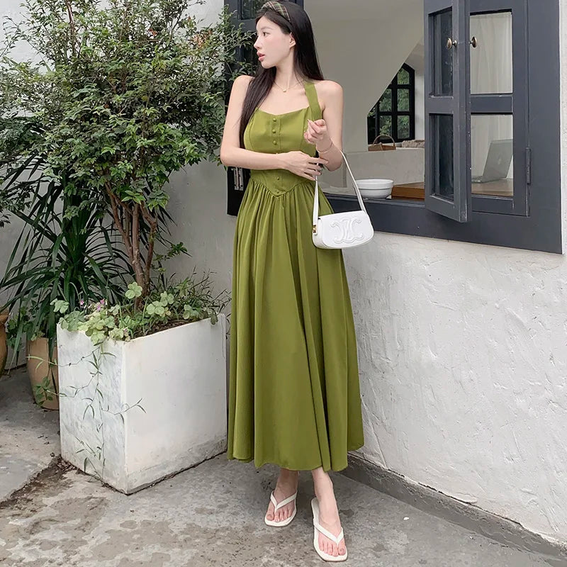 maoxiangshop-Women's elegant dress 2024 Spring Festival new Europe and the United States tied avocado color neck A pendulum long skirt