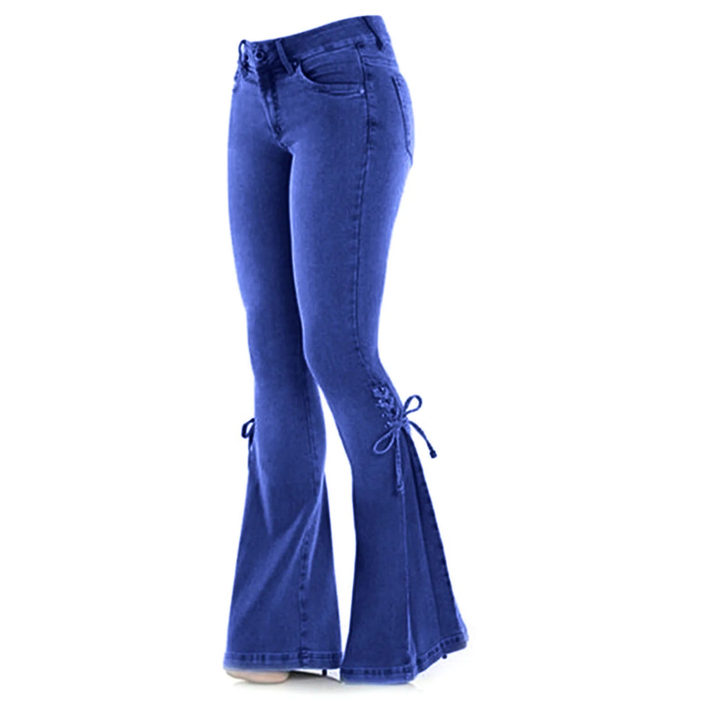 maoxiangshop Sexy Mid Waisted Stretch Flared Pants Women Slim Fit Denim Jeans Wide Leg Casual Korean Style Skinny Bell Bottom Pocket Trousers