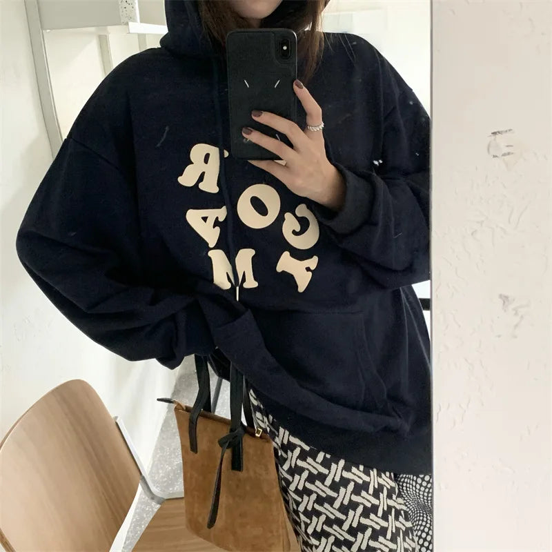 maoxiangshop Korean Autumn Winter Letter Print Hoodie Women Casual Long Sleeve Pullover Tops Hood Shirt Harajuku Oversize Sweatshirt Y2k 후드티