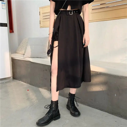 maoxiangshop Vintage Dark Gothic High Split Mid-Calf Skirts Women Elegant Fashion Party Club High Waist Femme Bottom Streetwear Goth Skirt