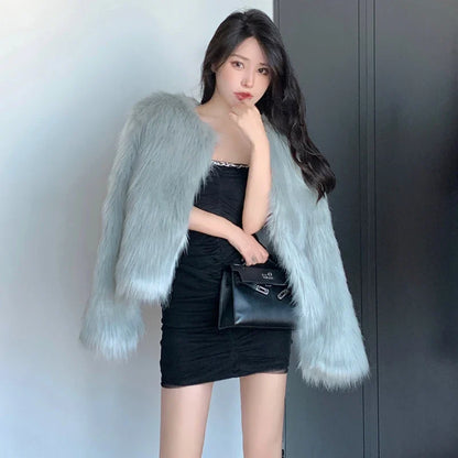 Fashion Harajuku Faux Fox Fur Coat Women Winter Korean Slim Leather Jacket Female Casual Natural Color Open Stitch Coat