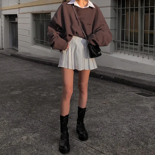 maoxiangshop  -  New Fall Trend Casual Long Sleeve Pullover Top Embroidered Oversized Brown Y2k Sweatshirt Ladies Winter Fashion Clothing