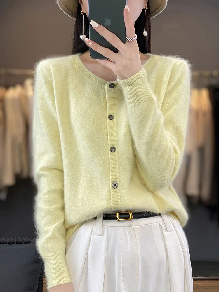 maoxiangshop Aliselect Women Cardigan Super Warm Pure Mink Cashmere Sweaters O-neck Loose Female Clothes Ladies' Solid Color Knitwear Tops