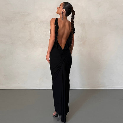 maoxiangshop Backless Maxi Dress Elegant Red Long Sleeve Sexy Ruched Bodyocn Evening Party Dress for Women Spring Slim Christmas Outfits