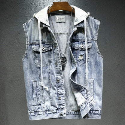 maoxiangshop Plus size Short Denim Vest men Detachable Hooded Coat Spring summer Side pockets Sleeveless Jeans Jacket Men's Tops-4XL