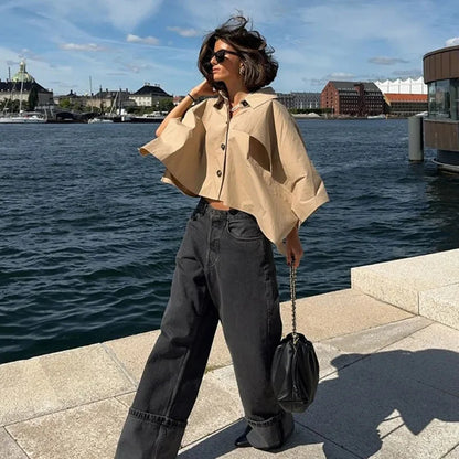 maoxiangshop  -  Khaki Lapel Short Cape Jacket Women Casual Single Breasted Mid Length Sleeve Coat 2024 Autumn Lady Fashion Street Warm Outerwear