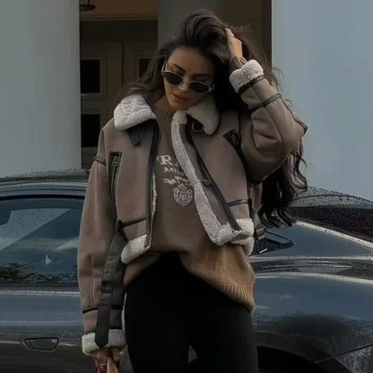 maoxiangshop  -  Women Warm Faux Shearling Jacket Coat Lapel Bomber Jacket with Belt Metal Zip Thick Jacket Winter Female Outerwear