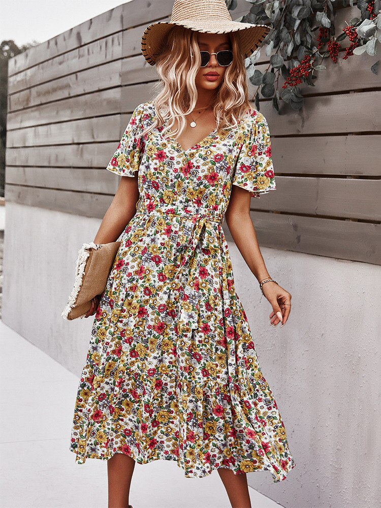 Spring New Short Sleeve Floral Dress Women Casual High Waist Sexy V Neck Print Summer Long Dress