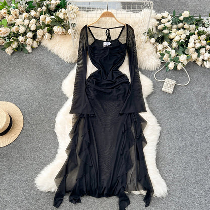 maoxiangshop Double Layer Mesh Dress Spaghetti Strap Slim Bandage Sexy Bodyon Dress Backless Autumn Winter Dresses With Lining